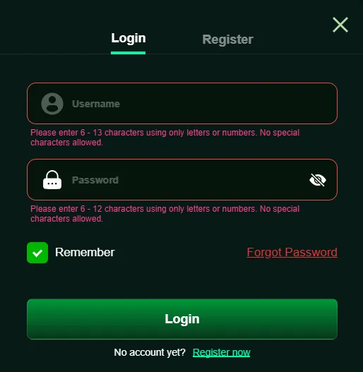 JJJPK Game login screen with username and password fields