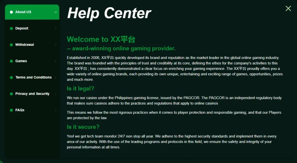 Official jjjpk games About us section and  description of help center