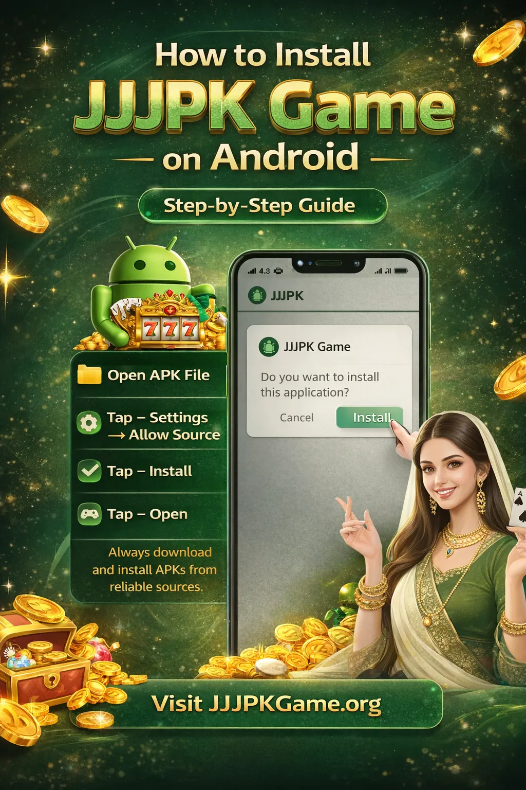 How to install JJJPK Game on Android step by step infographic guide showing APK installation process and safety instructions