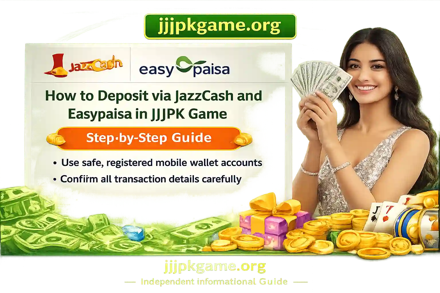 JJJPK Game deposit guide poster showing JazzCash and Easypaisa payment options with step by step instructions