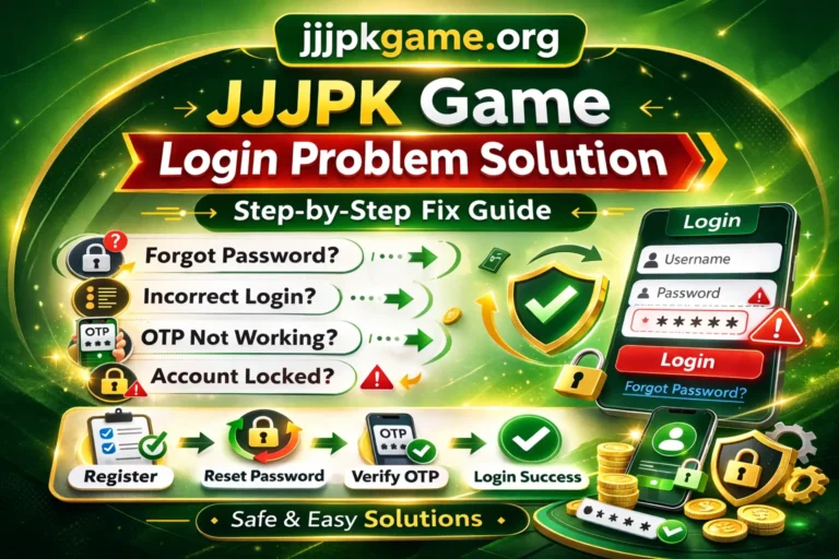 JJJPK Game login problem solution poster from jjjpkgame.org showing step by step guide to fix login errors, forgot password and OTP issues