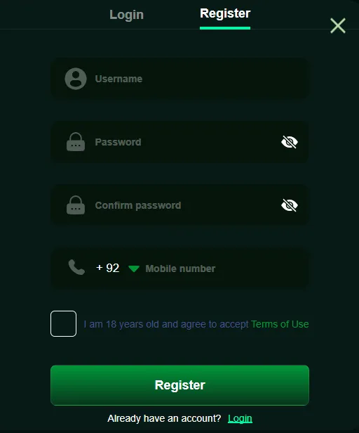 JJJPK Game registration page with mobile number and password setup